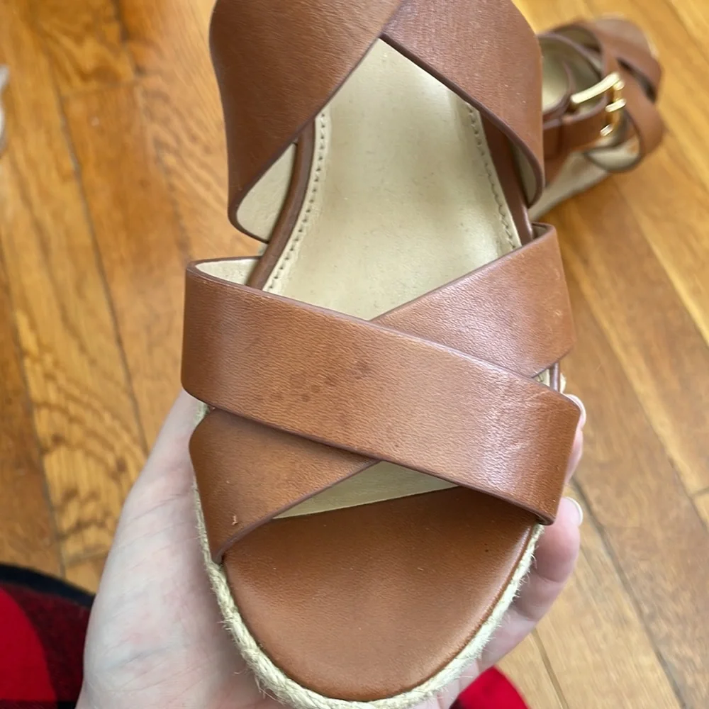 Michael Kors Brown Leather Crisscross Wedge Sandals size 7.5